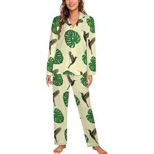 Hummingbird And Monstera pyjama met lange mouwen voor vrouwen, klassieke nachtkleding, nachtkleding, zachte pyjamasets