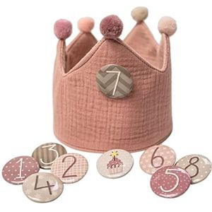 Papierdrachen Verjaardagskroon mousseline met cijfers - roze - voor kinderverjaardag - kroon van mousseline met button cijfers van 1 - 8 | feestdecoratie hoed voor jongens en meisjes
