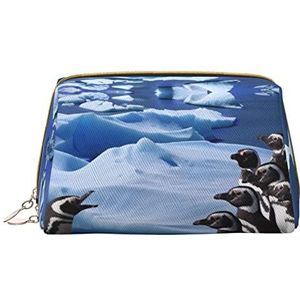 Pinguïn print bedrukte koppeling cosmetische tas, lederen draagbare rits cosmetische tas, reizen multifunctionele grote capaciteit opbergtas, Wit, One Size