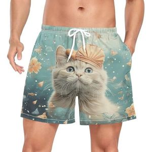 Cartoon Funny Cat Kitten Heren Zwembroek Shorts Sneldrogend met Zakken, Leuke mode, M