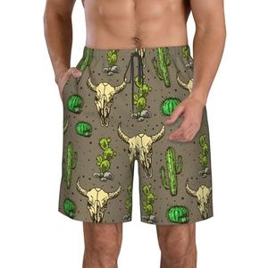 Bedrijf Boerderij Tractor Print Heren Zwemplank Shorts Zwembroek Trunks Badmode Sneldrogende Surfen Strand Essentiële Zomer, Schedel van stier en schattige cactus, XXL