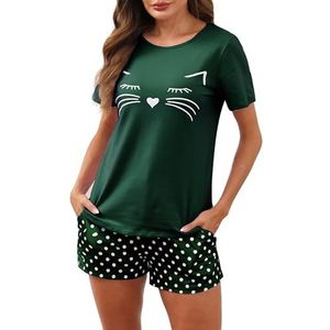 Reliwel Katoenen pyjama voor vrouwen, set, korte mouwen, top met ronde hals en shorts met zak, Groen-a, S