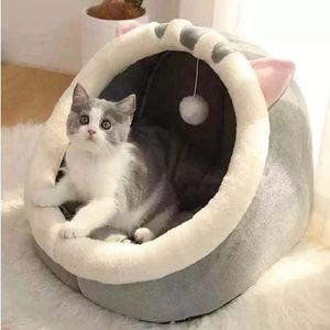 Linghe Kattenbed, wasbaar, voor kleine honden, van pluche, met afneembaar bed voor katten en huis (S-31 x 30 x 28 cm, grijze kat)