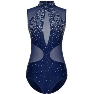 NUOYIXUAN Ritmisch gymnastiekpak voor dames, turnpakje voor kunstschaatsen, transparant mesh, mouwloos, voor dans, yoga (diepblauw, XX-Large)