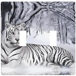 ZhaoYuGoods Witte Tijger Print Muurplaat, Dubbele Toggle Lichtschakelaar Outlet Cover 2-Gang 11,4 cm x 11,4 cm, PC Decoratieve Voorplaat voor Thuis & Kantoor
