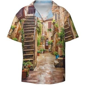 Italië Toscaanse print heren korte mouw overhemden met zak casual button down shirts business shirt, Zwart, XXL