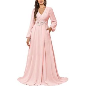 KURFACE Bruidsmeisjesjurk met lange mouwen en zakken, kanten applicatie, chiffon, moederjurk van de bruid, Blush Roze, 32