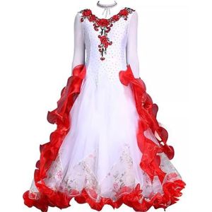 FZHQNZJF Dames Wals Concurrentie Jurken Balzaal Flamenco Dans Prestatie Kostuum Strass Tango Foxtrot Danskleding Glanzend Nationale Standaard Rok,Rood,3XL