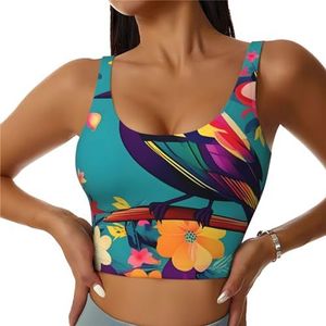 GFXEDSAH Kleurrijke bloemen vogel print yoga bh's, workout tops met ingebouwde beha, stijlvol racerback ontwerp met gewatteerd comfort, Zwart, S