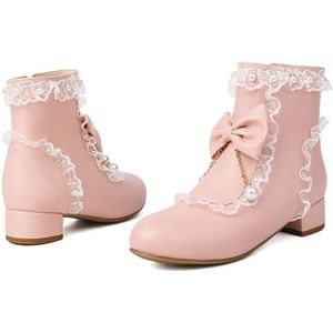 Schattige Enkellaarsjes Met Strik + Parels Japanse Korte Dameslaarzen PU-leren Laarsjes Met Blokhak Pluche Gevoerde Enkellaarsjes Warme Snowboots Lolita Enkelschoenen(Pink,37 EU)