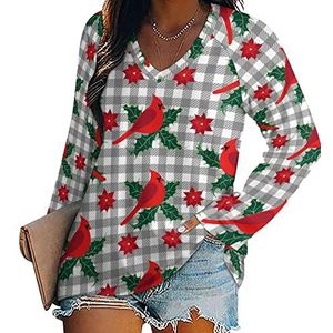 Kardinaal vogel hulstbladeren en kerstster bloemen nieuwigheid vrouwen blouse tops V-hals tuniek t-shirt voor legging lange mouw casual trui