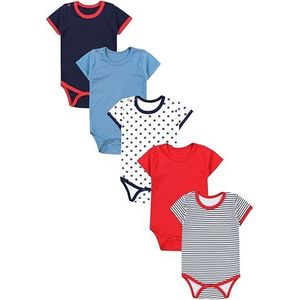 TupTam Baby Jongens Romper met Korte Mouwen 5-Pack, Strepen Sterren Donkerblauw Rood Jeansblauw, 92