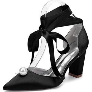 EICOFF Dames Parel Blok Hoge Hakken Bruiloft Schoenen Satijnen Puntige Gesloten Hakken Sandalen met Lint Enkelband Feest Bruidsjurk Schoenen,zwart,35 EU