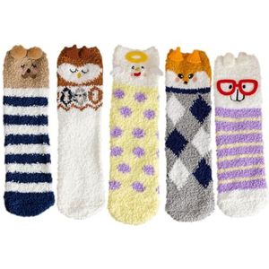 BOSREROY Gezellige Winter Warm Pluizige Nieuwigheid Cartoon 5 Paar Sokken Fuzzy Zachte Slipper Stippen Vrouwen Sokken Fuzzy Slapen, Meerkleurig, One Size