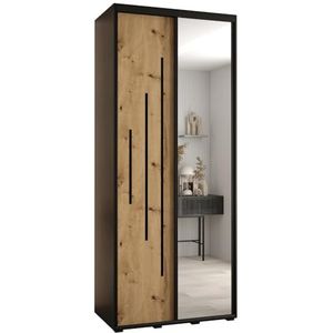 MEBLE KRYSPOL Davos 13 100 Kledingkast met twee schuifdeuren voor slaapkamer - Moderne Kledingkast met spiegel, kledingroede en planken - 235,2x100x45 cm - Zwart Artisan Black