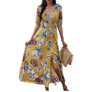 CHOYES Chiffon A-lijn lange jurk met bloemenprint, V-hals met korte mouwen voor dames, Geel, XL