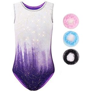 Sinoem Turnpakje, gympakje, voor meisjes, zonder mouwen, glitters, kleurverloop, tricot, maillot, dansen, turnen, paars/roze, maat 140, 7 - 8 jaar, paars met glitters
