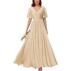 KURFACE Bruidsmeisjesjurken met V-hals en mouwen voor dames, geplooid, chiffon, bruidsmeisje, vloerlengte, formele feestjurk, Champagne, 34