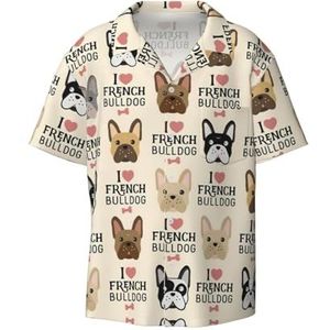 TyEdee I Love Franse Bulldog print heren korte mouwen overhemden met zak casual button down shirts business overhemd, Zwart, 4XL