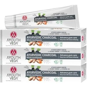 Ayouthveda Actieve kool tandpasta zonder fluoride, fluoridevrije kooltandpasta voor stralende witte tanden, zachte reiniging met zwarte tandpasta, natuurlijke tandverzorging, 3 stuks (3 x 100 g)