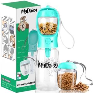 MYDAISY Hondenwaterfles, 550 ml, BPA-vrij, draagbare waterfles voor huisdieren met 100 g voedselhouder, lekvrij, onderweg voor honden, puppy's, katten en kleine huisdieren