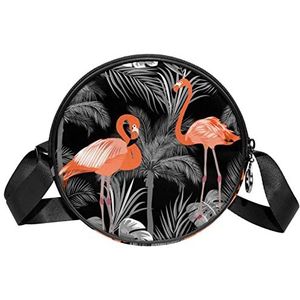 Ronde Crossbody Tas Messenger Purse voor Vrouwen Grijs Tropische Plam Boom Flamingo, Meerkleurig, 6.7x6.7x2.3 in, Sling Rugzakken