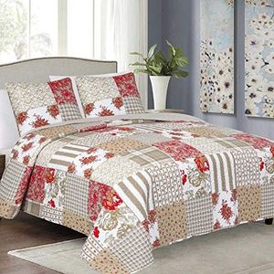 Euromat sprei + 2 kussenslopen Tavira (driedelige set), beige, rood, wit - Americana J-080, 220 x 240 cm + twee keer 40 x 40 cm