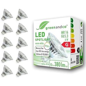 10x greenandco® CRI90+ 3000K 36° LED-spot vervangt 40W GU5.3 MR16, 6W 380lm warm wit 12V AC/DC, flikkervrij, niet-dimbaar