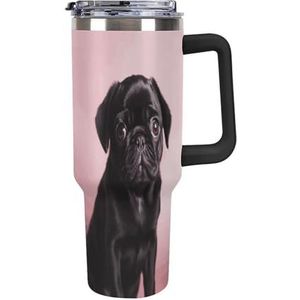 FHESDCW Leuke zwarte mopshond grote capaciteit autobeker 40 oz roestvrijstalen beker met handvat geïsoleerde waterfles met rietje en deksel bedrukte mokken past in autobekerhouder
