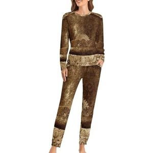Metalen Koperen Gears Tandwielen Patroon Zachte Womens Pyjama Lange Mouw Warm Fit Pyjama Loungewear Sets met Zakken 4XL