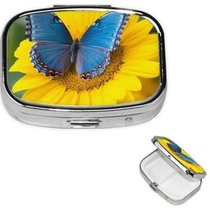 Vierkante pillendoos draagbare metalen pillenetui 2 compartimenten kleine reizen pillenorganisator zonnebloem blauwe vlinder vitamines houder organizer voor portemonnee zak