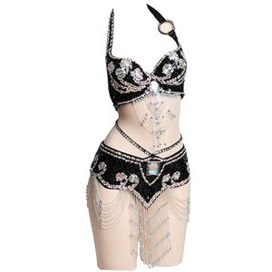 Zwart,L,PONNYC Buikdanseres Kostuums Met Pailletten Voor Dames Feestjurk Met Kralen Buik Optreden Dansoutfit Met Kwastjes Buikdans Crop Top Bh En Heupsjaal 2 Delig