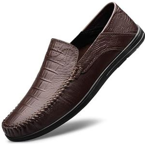 Loafers for heren Ronde neus Krokodillenprint Leren jurk Loafers Bestand met platte hak Antislip Buiten Casual Slip-on (Color : Brown, Size : 39 EU)