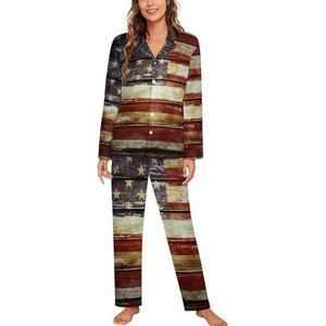 Amerikaanse Houten Vlag Vrouwen Lange Mouw Button Down Nachtkleding Zachte Nachtkleding Lounge Pyjama Set S