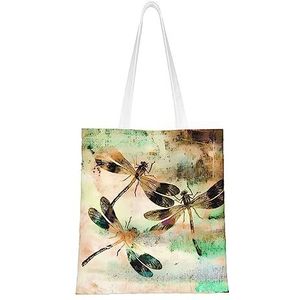 LamaMe Libelle Libellen Vintage 12ann Herbruikbare Canvas Tote Voor Winkelen Strand Moederdag Gift Bag, Zwart, Eén maat