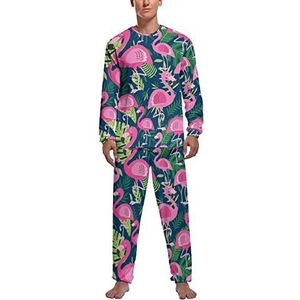 Palm Bladeren Flamingo Zachte Heren Pyjama Set Comfortabele Lange Mouw Loungewear Top En Broek Geschenken XL