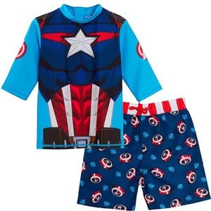 Marvel Captain America Zwemshorts + Rash Vest 2-delige zwemset voor kinderen Surf Shirt en Boardshorts, Blauw, 4-5 Years