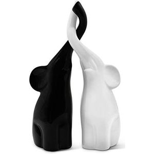 Harmonieus olifantenpaar uit keramiek in zwart & wit - moderne sculptuur als paar bestaande uit twee individuele olifanten - decoratieve figuren 26cm hoog - olifant ideaal als cadeau