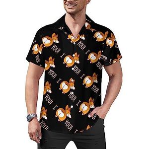 I Love You Corgi Dog Heren Casual Button-Down Shirts Korte Mouw Cubaanse Kraag Tees Tops Hawaii T-shirt 4XL