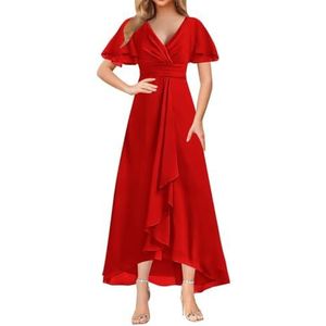 WSEYU Korte Mouw Moeder Van De Bruid Bruidegom Jurken Chiffon Kralen Formele Avond Grootmoeder Jurken Thee Lengte ZM203, Rood, 32