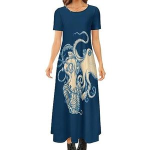 Octopus en astronauten dames zomer casual korte mouwen maxi-jurk ronde hals bedrukte lange jurken 6XL
