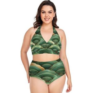 Oude Groene Japanse Cultuur Wolk Vrouwen Bikini Sets Plus Size Badpak Twee Stukken Hoge Taille Strandkleding Meisjes Badpakken, Pop Mode, 3XL