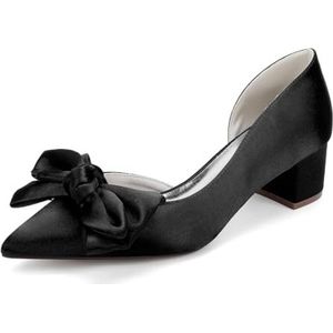 GHSIRUEU Dames lage blokhak met dikke hak, holle zijkant, gesloten puntige neus, comfortabele instappers met strik voor dames,zwart,35 EU