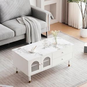 Aunvla Elegante 100 cm lange salontafel in wit - MDF met gemarmerd opzetstuk, lichte luxe stijl, 2 deuren, 2 laden, gouden accenten