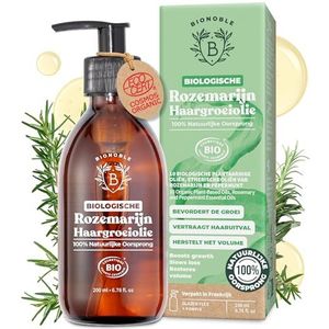 BIONOBLE Biologische Rozemarijnolie voor Haargroei - Stimuleert Groei & Vertraagt Haaruitval - Rozemarijn Etherische Olie, Ricinus & Argan - Fles Glas + Pompje - Rosemary Oil For Hair Growth - 200ml