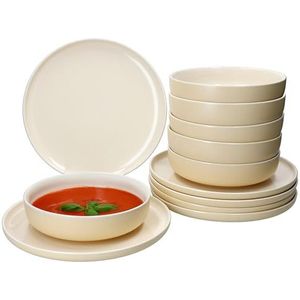 Ritzenhoff & Breker Jasper 12-delig tafelservies vanille, aardewerk servies voor 6 personen, 6 x soepborden 610 ml en 6 x platte borden, eetborden en diepe borden voor ontbijt, lunch en avondbrood