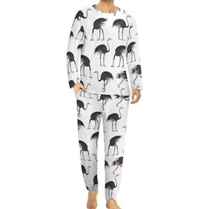 Cartoon struisvogel vogel comfortabele heren pyjama set ronde hals lange mouw loungewear met zakken 3XL