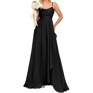 Prinses Bruidsmeisjes Jurken Spaghetti Bandjes Galajurken Chiffon Formele Avondfeest Maxi Jurk met Split ZM192, Zwart, 32