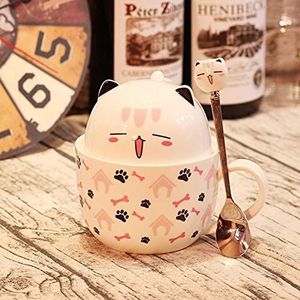 UKKO Mugs Kawaii Cute Cat Cup Ceramic Cup Coffee Cup With Spoon Milk Tea Cup With Lid Breakfast Cup Couple Gift-B,401-500Ml