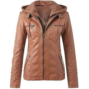 Leren Jas Kunstleren Jas Dames Herfst Winter Motorjas Bomberjack Bikerjack Casual Damesjack Met Capuchon Mode Korte Topjas Lederen jas Jas van synthetisch leer (Color : Orange, Size : L)